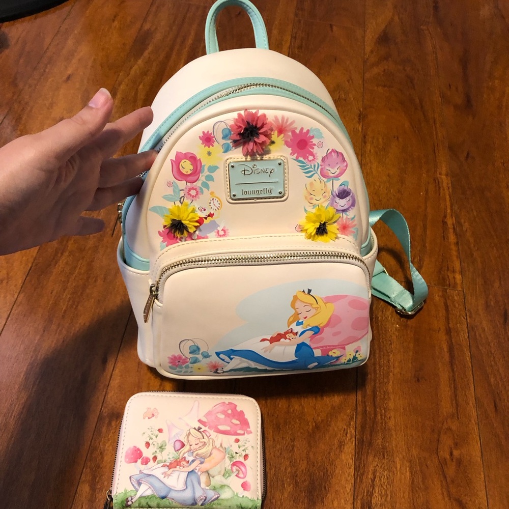 Alison in wonderland loungefly backpack and wallet